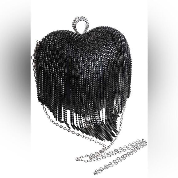 Luxury Heart Shape Rhinestone Tassel Evening Clutch Bag Party Purse Valentines - Picture 4 of 7